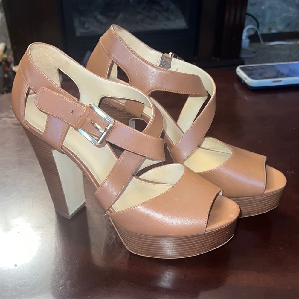 Michael Kors Tan Heels with Block Heel and Ankle Strap